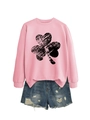 Detail of pink sweatshirt with clover print and distressed denim shorts with frayed hems - S / Pink (Black Shamrock Print)