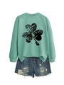Detail of mint green sweatshirt with clover print and distressed denim shorts - S / Light Green (Black Shamrock Print)