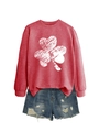 Detail of red shamrock crewneck sweatshirt paired with distressed denim shorts - S / Red (White Shamrock Print)