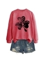 Detail of a watermelon red long sleeve clover sweatshirt and distressed denim shorts - S / Red (Black Shamrock Print)