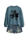 Detailed view of long sleeve sweatshirt featuring a vintage black shamrock print design - S / Blue (Black Shamrock Print)