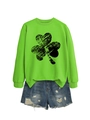 Detail of bright green long sleeve sweatshirt with large black clover print and denim shorts - S / Fluorescent Green (Black Shamrock Print)