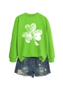 Close-up of bright green sweatshirt featuring a vintage cracked clover print on soft fabric - S / Fluorescent Green (White Shamrock Print)