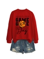 Detail of red Game Day sweatshirt featuring basketball heart print and ripped denim shorts - S / Red Sweatshirt (Black Graphic)