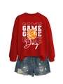 Flat lay of red Game Day sweatshirt and distressed blue denim shorts outfit for women - S / Red Sweatshirt (White Graphic)