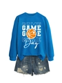 Blue Game Day sweatshirt with basketball graphic paired with ripped denim shorts - Lake Blue Sweatshirt (White Graphic)