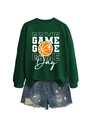 Detail of green Game Day sweatshirt with basketball heart print and denim shorts - Dark Green Sweatshirt (White Text)