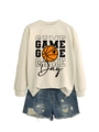 Detail of Game Day basketball print on cozy cream crewneck sweatshirt with denim shorts - Sand Sweatshirt (Black Text)