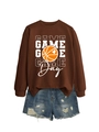 Brown crewneck sweatshirt with Game Day basketball print and distressed denim shorts - Coffee Sweatshirt (White Text)