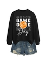 Detail of black Game Day sweatshirt with basketball heart paired with distressed denim shorts - Black Sweatshirt (White Text)
