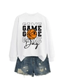 Detail of white long sleeve sweatshirt with heart basketball print and ripped denim shorts - White Sweatshirt (Black Text)