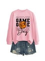 Flat lay of pink Game Day sweatshirt with basketball heart and distressed denim shorts - Pink Sweatshirt (Black Text)
