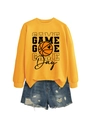 Flat lay of yellow Game Day sweatshirt and distressed denim shorts set on white background - Yellow Sweatshirt (Black Text)