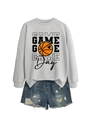 Detail of grey game day basketball sweatshirt paired with distressed denim shorts - Grey Sweatshirt (Black Text)