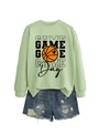 Detail of mint green Game Day sweatshirt and distressed denim shorts streetwear set - Olive Green Sweatshirt (Black Text)