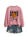 Flat lay of pink Game Day sweatshirt with basketball heart print and ripped denim shorts - Rose Gold Sweatshirt (Black Text)