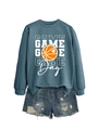 Detail of blue Game Day basketball sweatshirt paired with distressed denim shorts - Blue Sweatshirt (White Text)