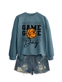 Detail of grey-blue Game Day basketball sweatshirt with heart print and denim shorts - Blue Sweatshirt (Black Text)