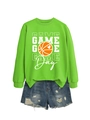 Flat lay of bright green Game Day basketball sweatshirt paired with ripped denim shorts - Neon Green Sweatshirt (White Graphic)