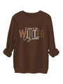 Macro detail of the high-quality letter print on this brown long-sleeve winter sweatshirt - S / Coffee