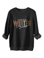 Detail of fleece lining and slogan print on a black winter sweatshirt for women - S / Black