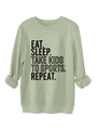 Detail view of sage green sweatshirt with Eat Sleep Take Kids To Sports Repeat print - Olive Green
