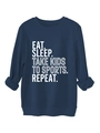 Close-up of ribbed crewneck and white printed slogan on navy fleece sweatshirt - Navy Blue