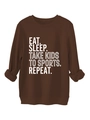 Detail of Eat Sleep Take Kids slogan on brown fleece sweatshirt with ribbed cuffs - Coffee