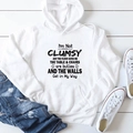 Close-up of white cotton hoodie with artistic black quote lettering on wood background - S / White