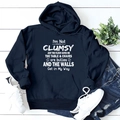 Navy blue hoodie with white funny lettering and large front pocket on wood floor - S / Navy Blue