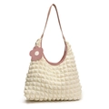 Sac seau blanc texture pop-corn avec bordure en cuir rose et breloque fleurie femme - Blanc avec Rose
