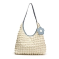Borsa tote minimalista crema con trama a nido d'ape e tracolla azzurra con ciondolo - Bianco e Blu Con Ciondolo a Fiore Blu / Bianco con Blu