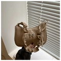 Khaki woven texture shoulder bag with silver butterfly accent and pleated strap - Khaki