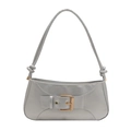 Gray vintage faux leather shoulder bag with decorative gold buckle and knot strap detail - Silver