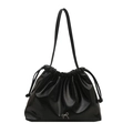 Fashionable black drawstring shoulder bag with glossy leather finish and silver bow detail - Black
