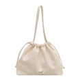 Minimalist cream white drawstring bucket bag with silver metal bow detail and soft PU leather - White