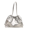 Silver metallic drawstring tote bag with small metal bow and glossy ruched finish - Silver