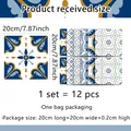 Size guide for self-adhesive tiles showing 12 pieces of 20x20cm blue floral wall stickers - Blue White Geometric Mandala Style (ACZ20020)