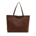 Large dark brown woven tote bag with gold rivets for daily office commute fashion - Brown