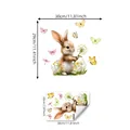 Detail view of rabbit watercolor window cling with dimensions and application guide - Rabbit with Dandelion (D13543)