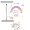 Size guide for rainbow unicorn window stickers showing decal sheet and applied dimensions - Rainbow Unicorn with Motivational Text (D16536)