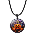 Halloween necklace with round jack-o'-lantern pendant on black braided cord strap - Classic Jack-O-Lantern (JY008513-2)