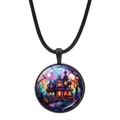 Gothic castle illustration pendant on black woven cord with full moon and sunset artwork - Mysterious Gothic Castle (JY008513-3)