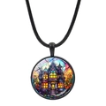 Black cord necklace with a gothic castle pendant featuring colorful stained glass art - Moonlit Gothic Architecture (JY008513-4)