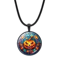 Halloween pumpkin jack-o-lantern pendant necklace with black cord and colorful artwork - Pumpkin and Maple Leaf (JY008513-5)