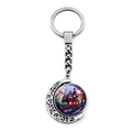 Porte-clés d'Halloween avec pendentif lune rotatif, château hanté et cadre en argent - Motif de Château Mystérieux (JY008511-3)