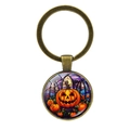 Antique bronze Halloween keychain with pumpkin stained glass glass cabochon charm - Pumpkin Style-Bronze(JY008505-铜2)