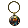 Vintage bronze keychain with round pendant featuring a colorful mushroom forest artwork - Halloween Forest-Bronze(JY008505-铜8)