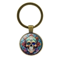 Vintage bronze keychain with a colorful sugar skull glass dome pendant charm - Colorful Skull-Bronze(JY008505-铜9)