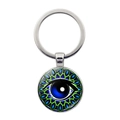 Blue Evil Eye keychain with silver mandala pattern glass pendant for bag decor - Realistic Eye Mandala Style (JY008518-2)